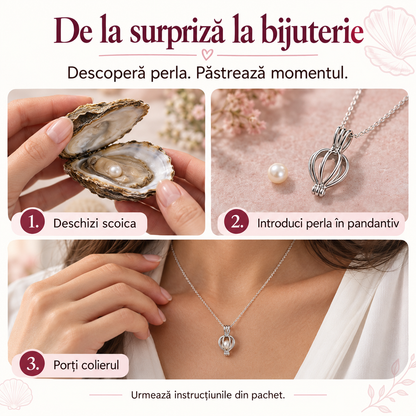 Perla Dorinței — Colier cu perlă din scoică + Cercei și inel CADOU