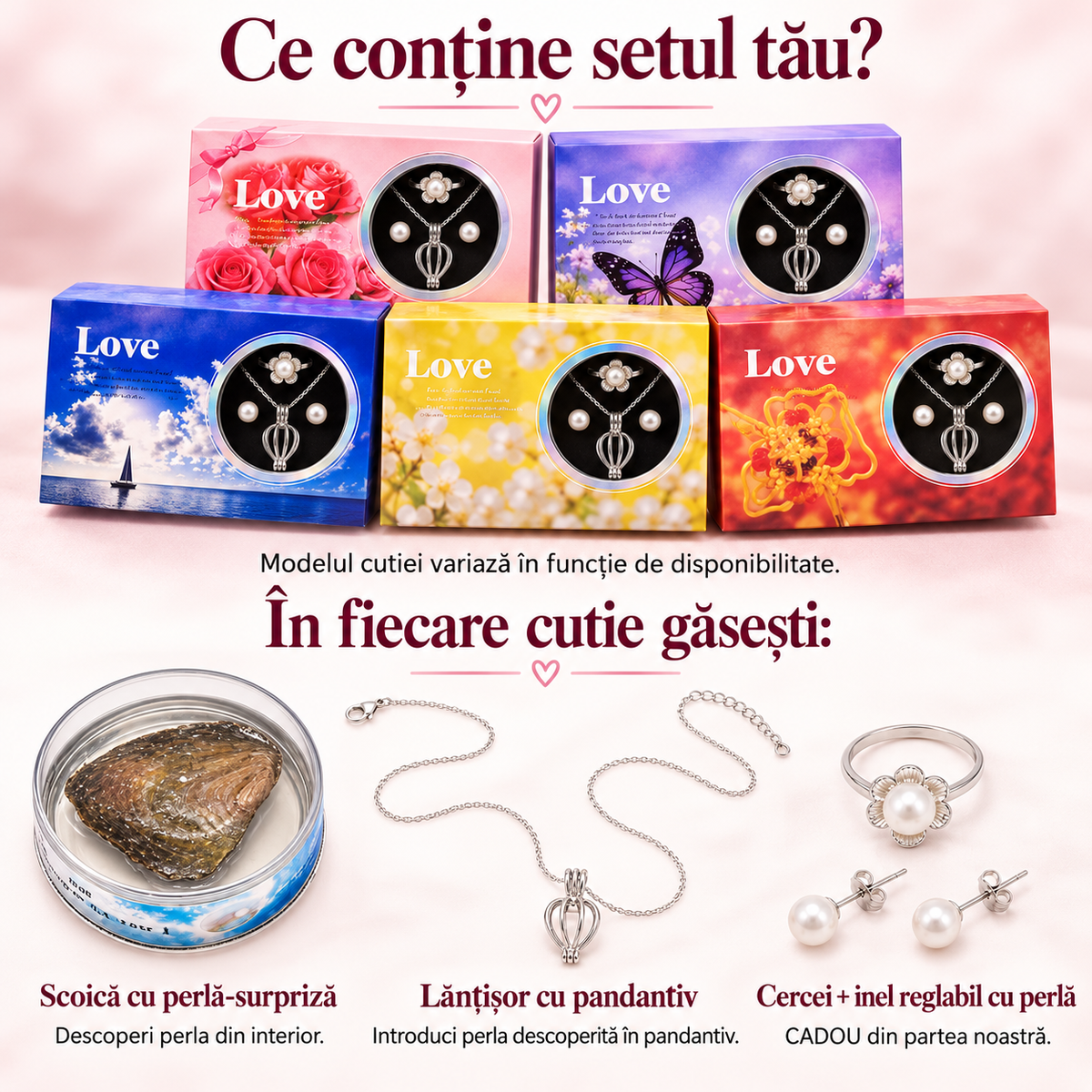 Perla Dorinței — Colier cu perlă din scoică + Cercei și inel CADOU